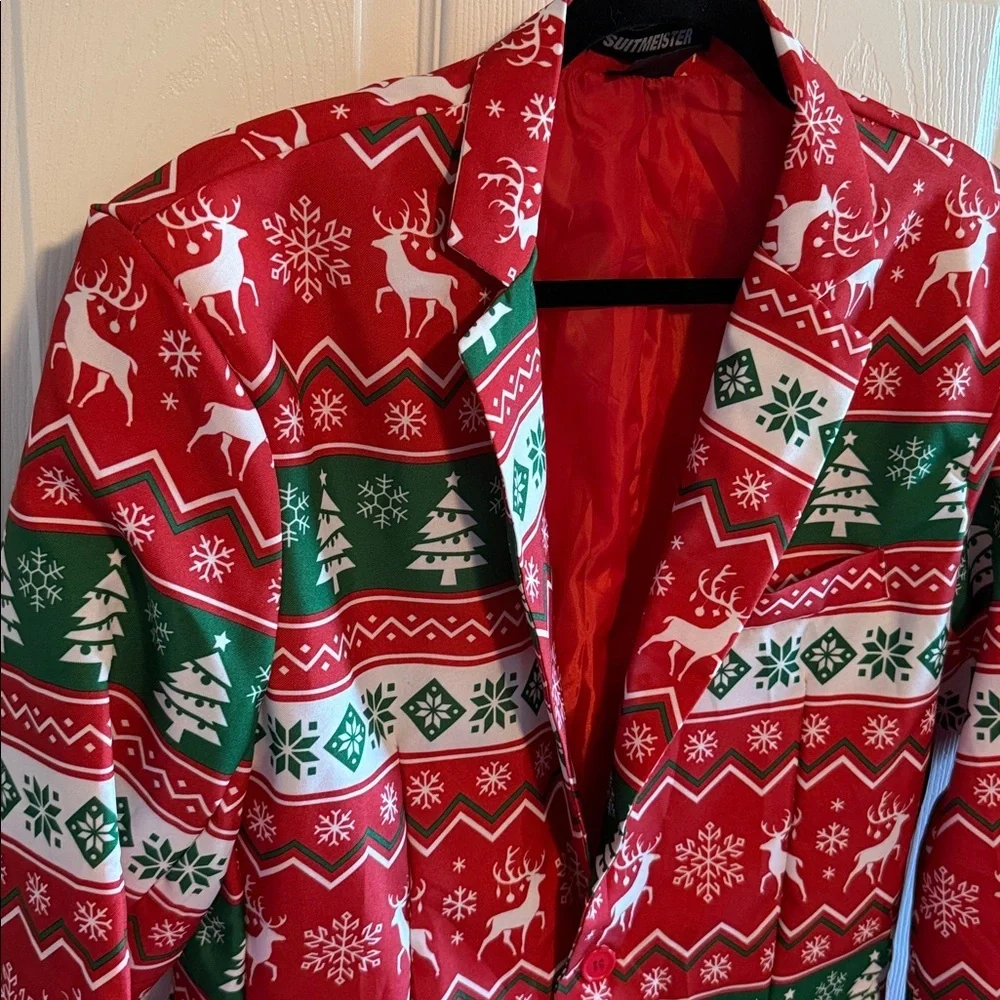 Suitmeister slim fit Nordic Christmas red green blazer tree reindeer holiday